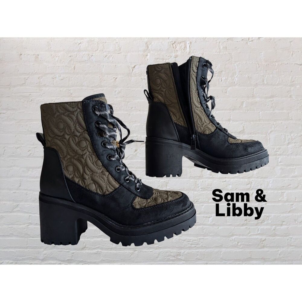 Sam & Libby Quilted Combat Ankle Boots Womens 7.5 Chunky Heel Lug Sole